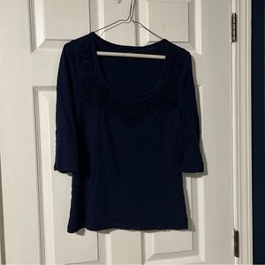 LOFT Scoop Neck Navy Half Sleeve Shirt with Flower Embellishment size S
